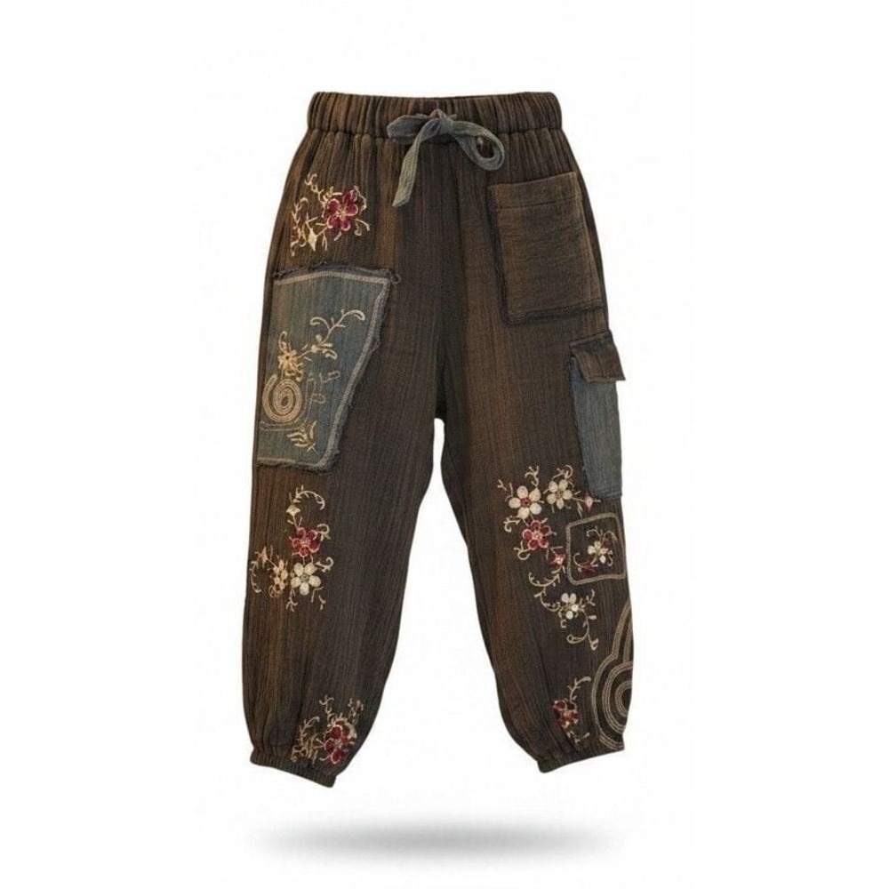 POL Kagen Embroidered Pants Small Cargo Floral Patchwork Brown